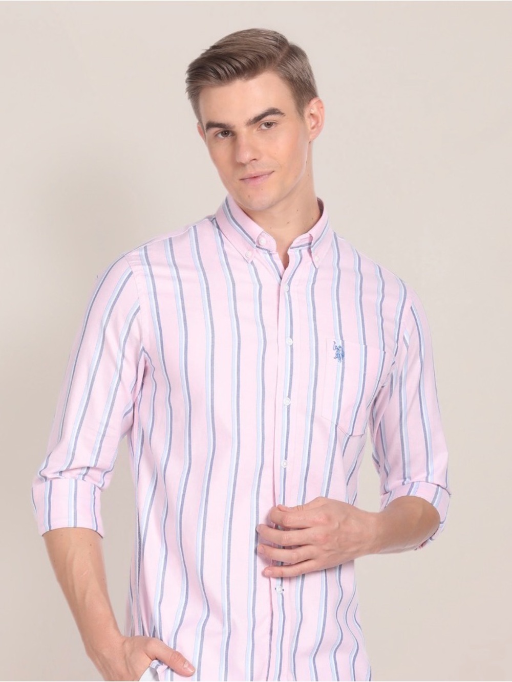 U.S. Polo Assn. Pink dress Shirt with Blue Vertical Stripes preppy size large